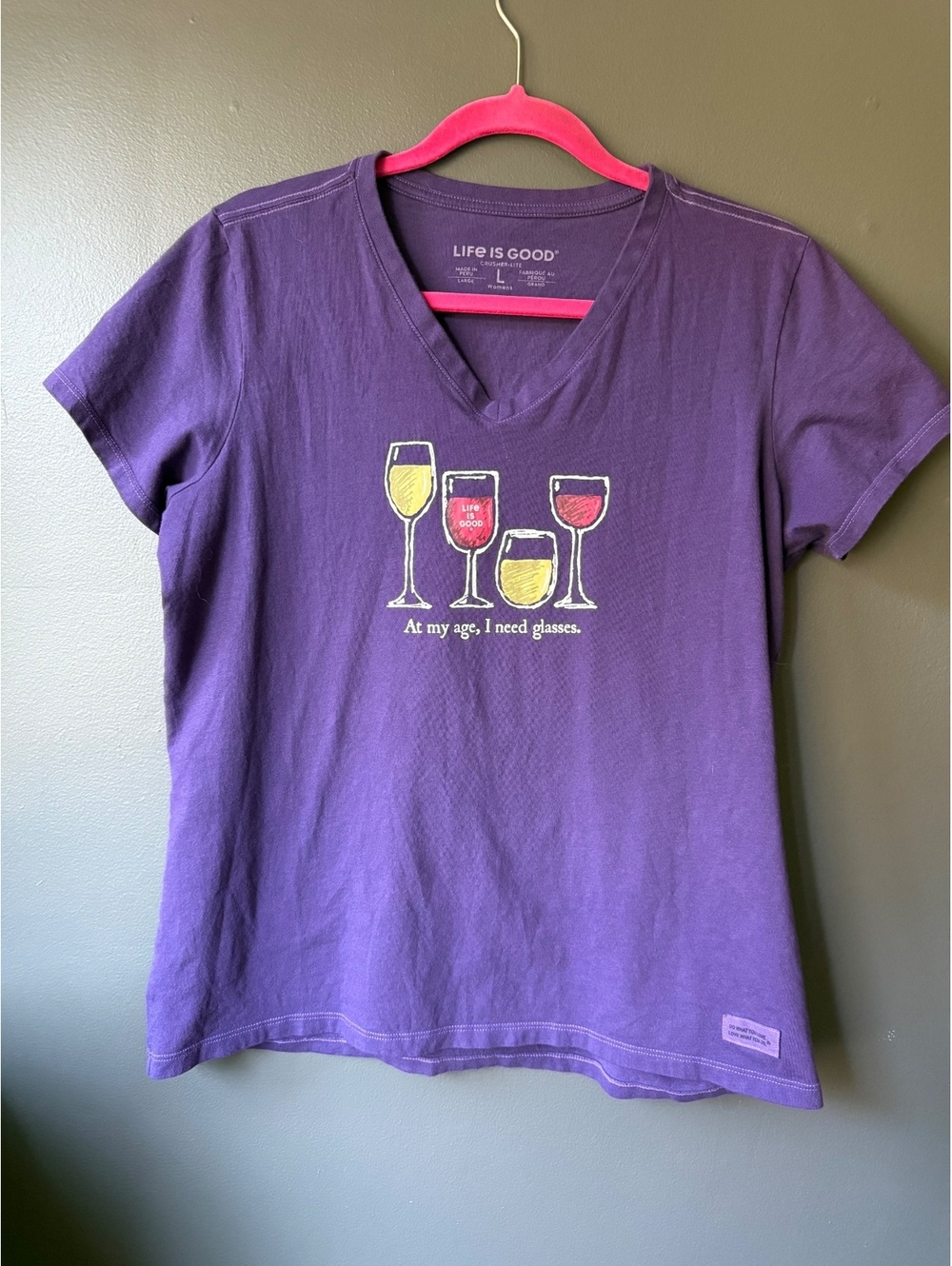 Life is Good Women's Purple V-Neck T-Shirt with Wine Glass Graphic, Size Large